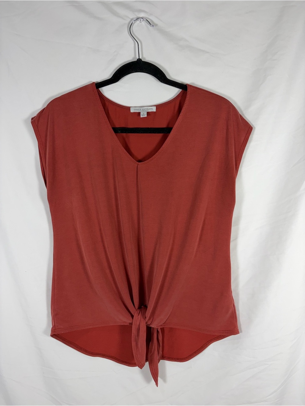 Green Envelope Rust Tie-Front V-Neck Cap-Sleeve Tunic Top Size Small